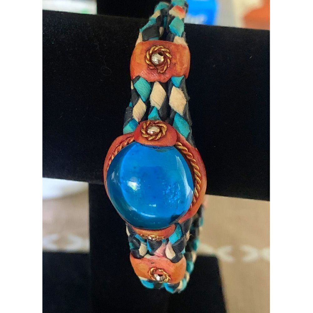 Vintage 90s Turquoise Blue Marble braided Leather Bracelet, Unmarked